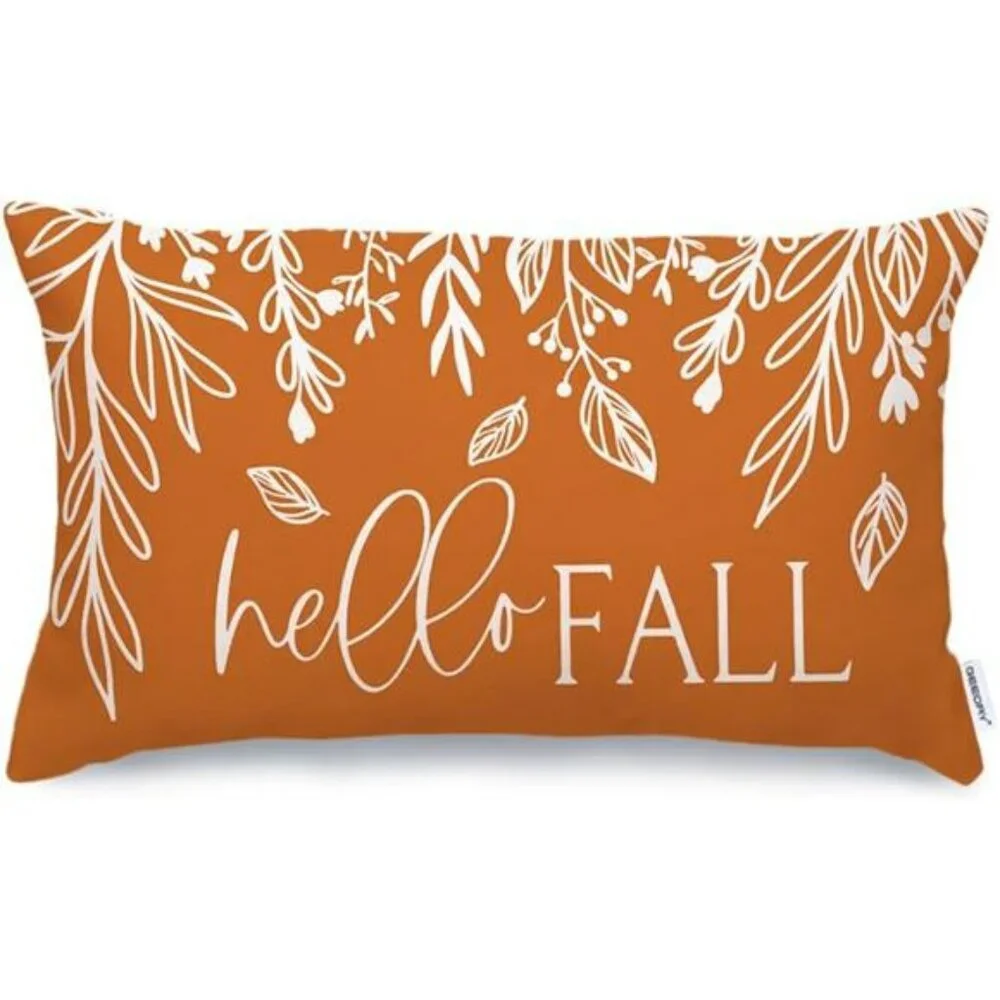 Fall Pumpkin Lumbar Pillow Cover 12x20 Hello Autumn Farmhouse Cushion for Sofa C